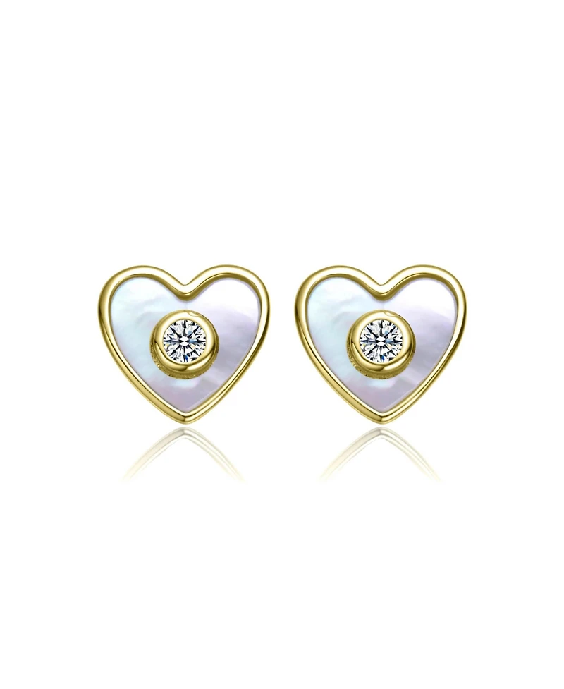 GiGiGirl Sterling Silver 14K Gold Plated with White Mother-of-Pearl and Clear Cubic Zirconia Heart-Shaped Stud Earrings for Kids