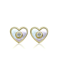 GiGiGirl Sterling Silver 14K Gold Plated with White Mother-of-Pearl and Clear Cubic Zirconia Heart-Shaped Stud Earrings for Kids