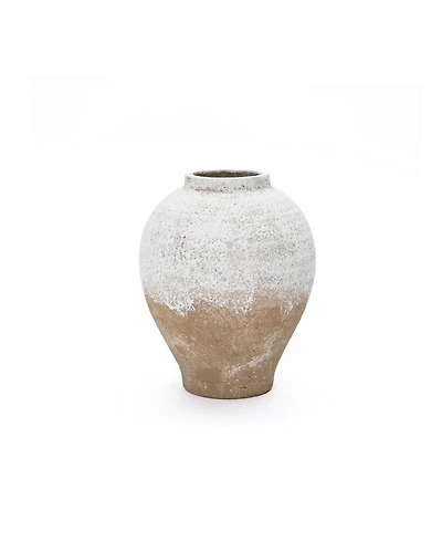 LuxenHome 11" Rustic White & Brown Terracotta Vase, Vintage Wide-Body, Narrow-Mouth Ceramic Accent for Farmhouse Decor