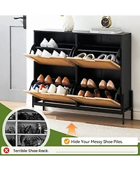 gaomon Hidden Rattan Shoe Cabinet with Drawer/ 4 Flip Doors Narrow Storage,Shoe Organizer