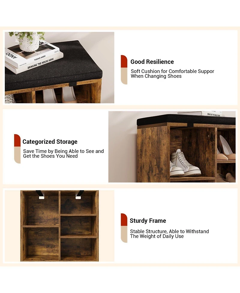 gaomon Shoe Storage Bench with Cushion, 20" Cubby Seat Shoe Cabinet, Cubby Seat Shoe Cabinet with 3-Tier Adjustable Shelf for Living Room Hallway, Gra