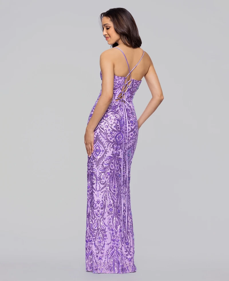 Blondie Nites Juniors' Lace-Up Back Sequin Long Dress