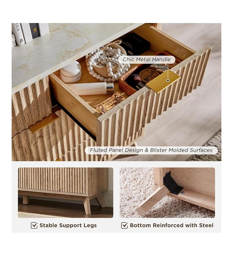 gaomon 54" Wide Modern Fluted 7-Drawer Wood Dresser with Faux Marble Top, Tv Stand and Drawer Organizer