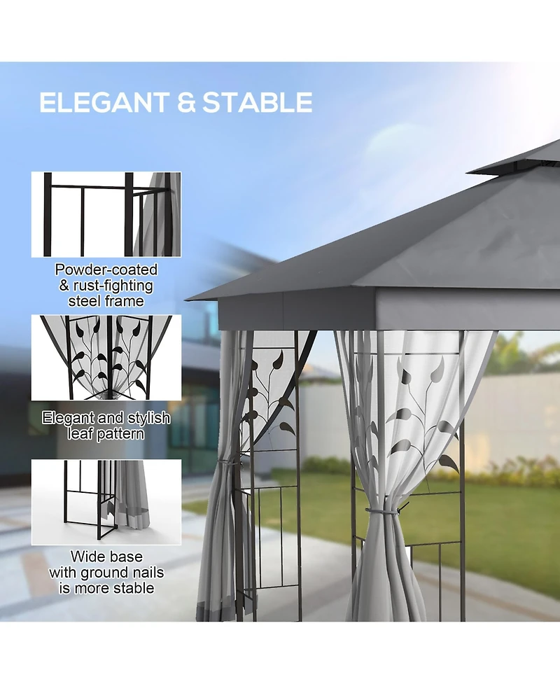 Outsunny 10' x 10' Metal Patio Gazebo, Double Canopy, Tree Motifs,