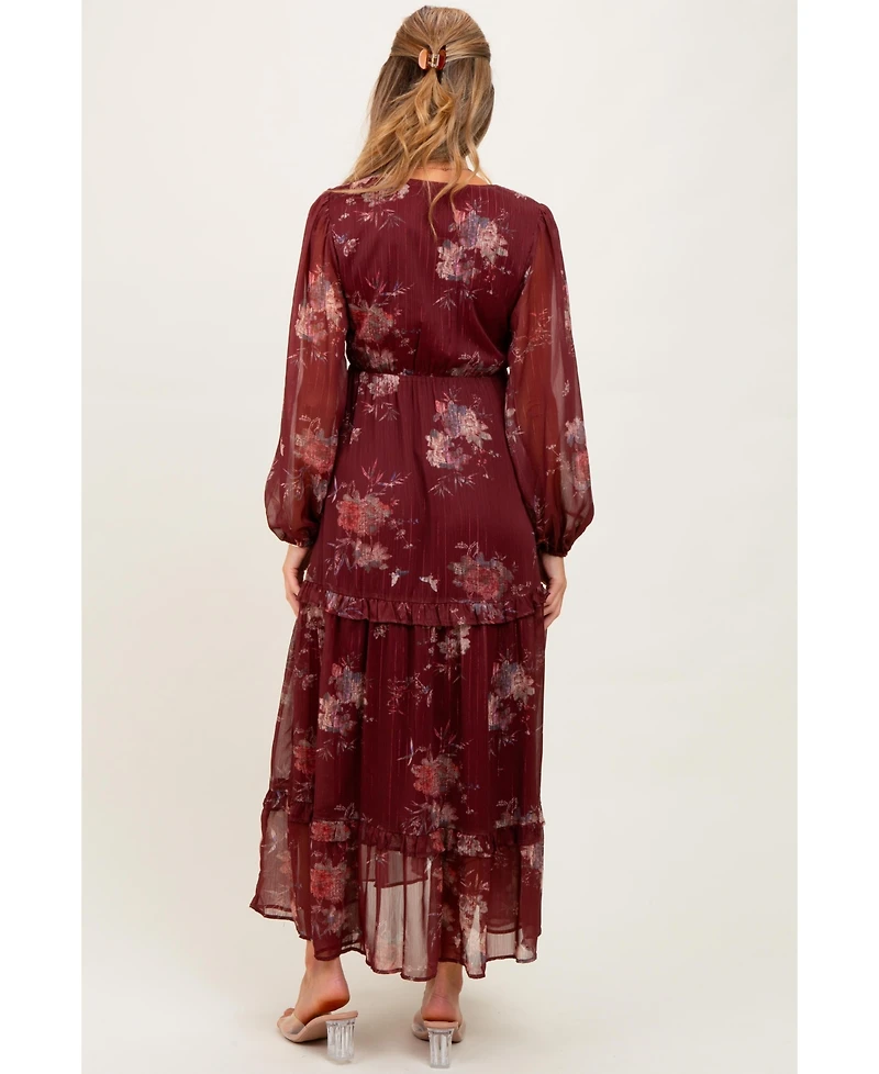 Pinkblush Maternity Burgundy Floral Chiffon V-Neck Long Sleeve Maxi Dress