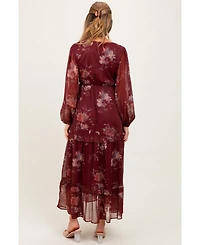 Pinkblush Maternity Burgundy Floral Chiffon V-Neck Long Sleeve Maxi Dress