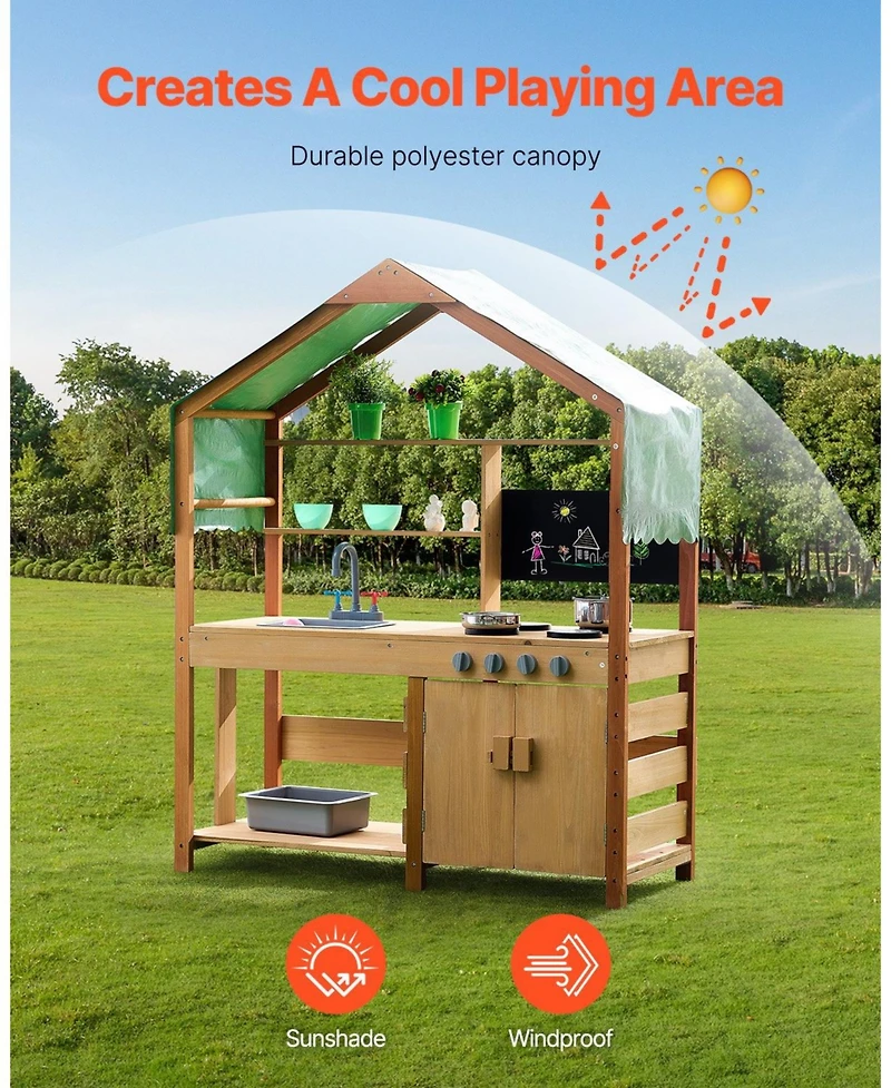 Hongge Kids Outdoor Mud Kitchen Playset with Canopy Sink Storage and Pretend Cooking Features