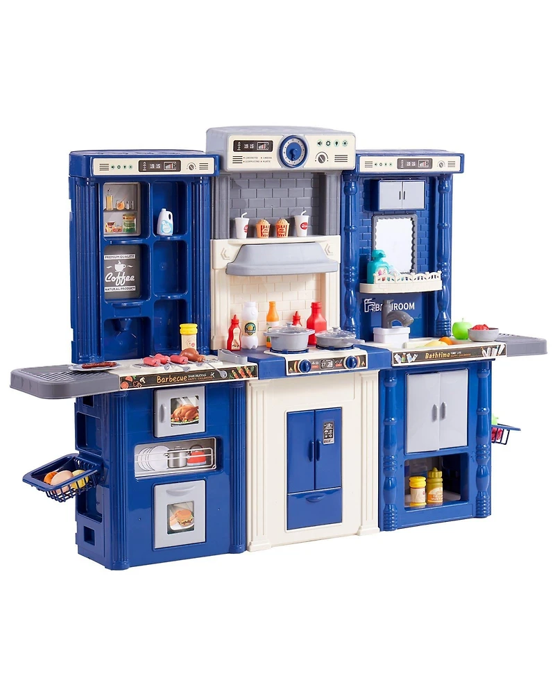 Mecale Kids Kitchen Playset, 3-in-1 Kitchen with Spray, Lights & Sounds, 74 Pcs Cooking Accessories, Pretend Play Set for Kids 3–8, Blue
