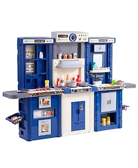 Mecale Kids Kitchen Playset, 3-in-1 Kitchen with Spray, Lights & Sounds, 74 Pcs Cooking Accessories, Pretend Play Set for Kids 3–8, Blue
