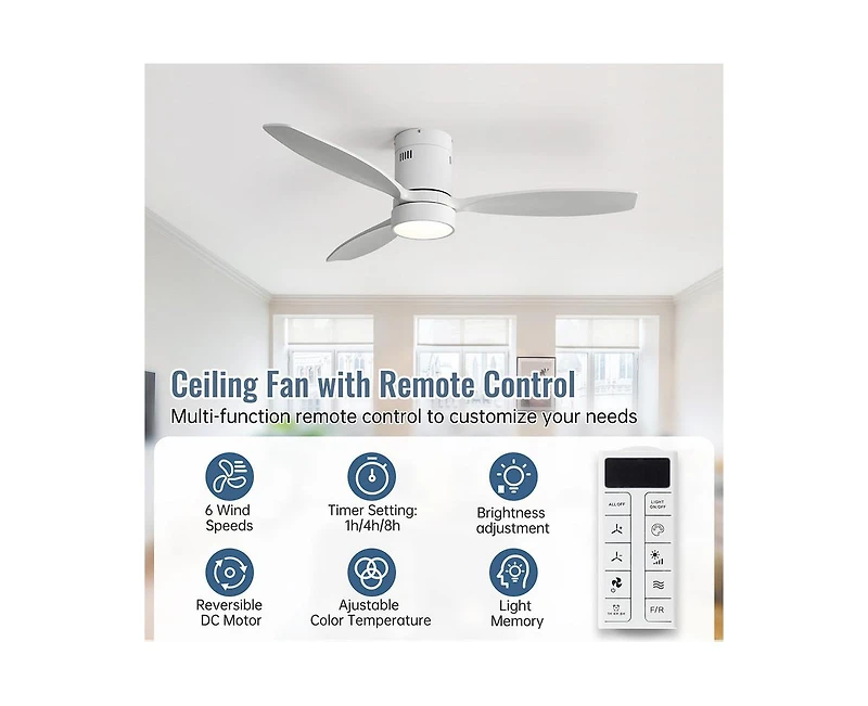 Sofucor 52-inch Classic White 3-Blade Flush Mount Light Ceiling Fan with Remote Control and Supporting Mobile Device Connection