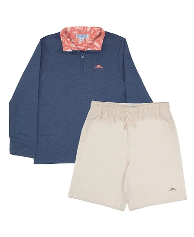 Tommy Bahama Boys 2 Piece Quarter Zip Long Sleeve Sweater and Shorts Back to School Set