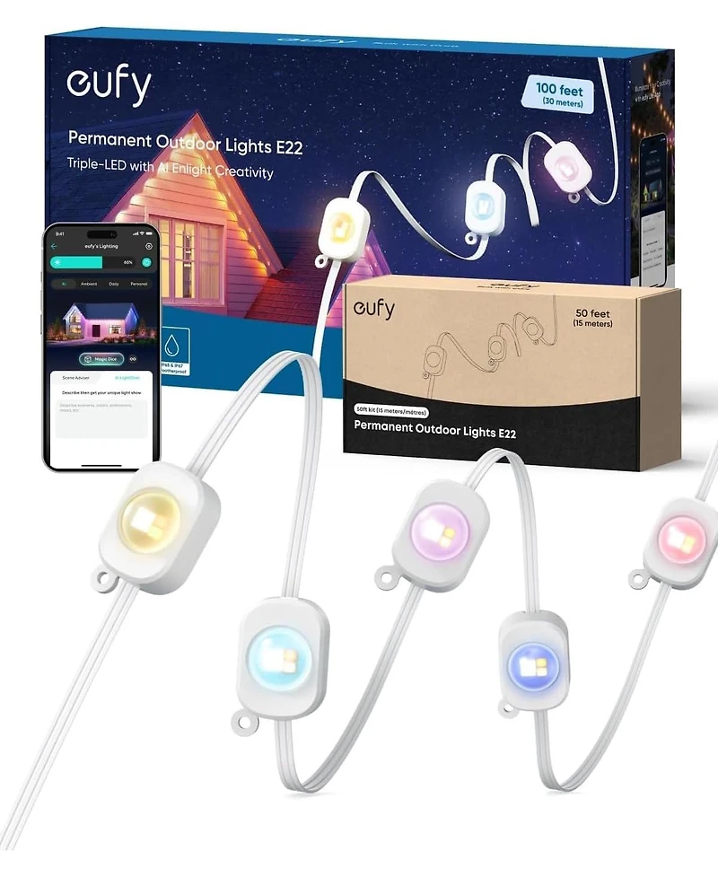 eufy Permanent Outdoor Lights E22, 100ft+ 50ft kit (Total 150ft) with 90 Triple-led Lights