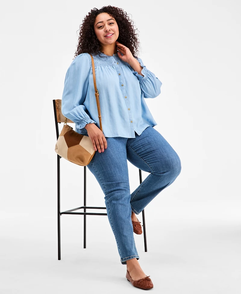 Style & Co Plus Smocked-Yoke Cotton Chambray Blouse, Macy's Exclusive