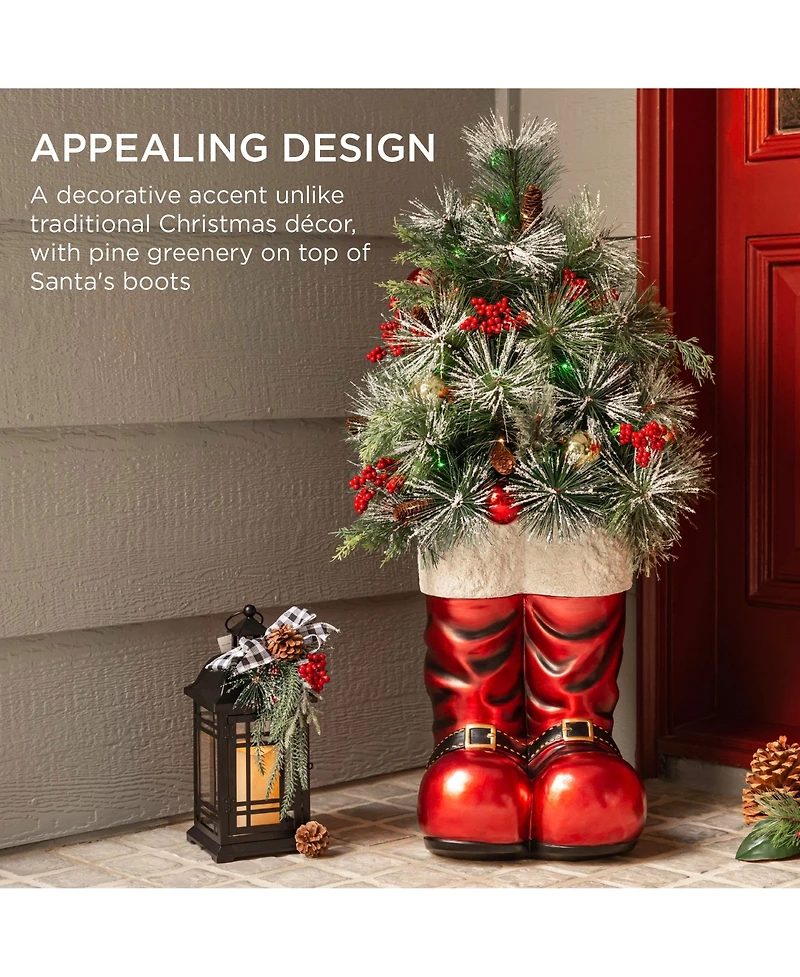 Best Choice Products 40in Santa Boots Decoration w/ Pre-Decorated Christmas Greenery, Battery-Operated Lights