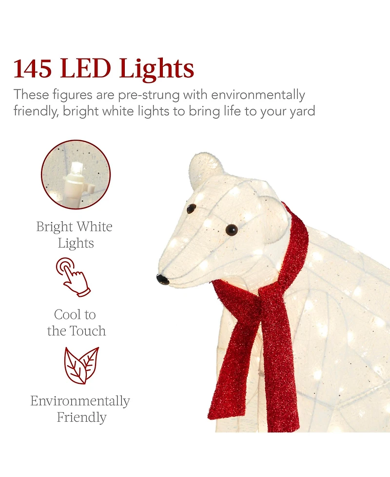 Best Choice Products Large Lighted Polar Bear Family w/ 145 Pre-Strung Led Lights, Zip Ties, Ground Stakes - Red/White