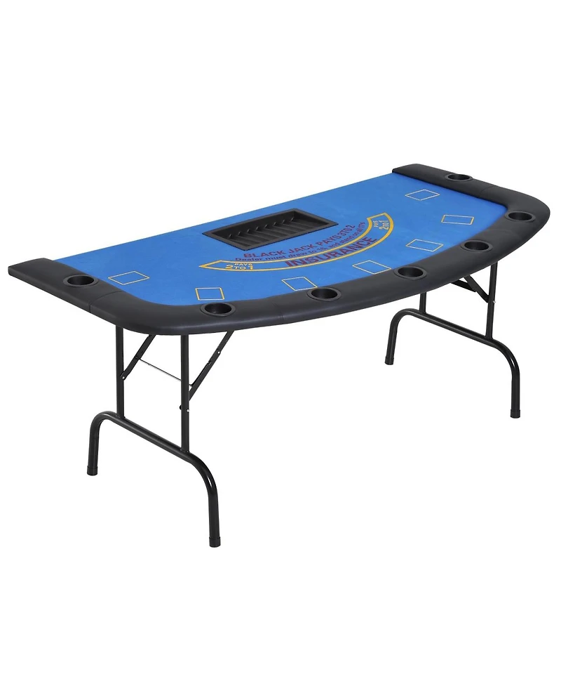 Rbied 72" Foldable Poker Table for 7 Players with Chip Tray and Cup Holders, Blue Mdf Blackjack Card Padded Rails Game Room-Rbied