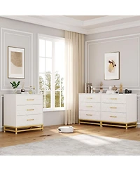Gaomon 3-Drawer Wooden Bedroom Dresser, Pink Storage Chest with Gold Handles, Modern Bedside Organizer for Bedroom