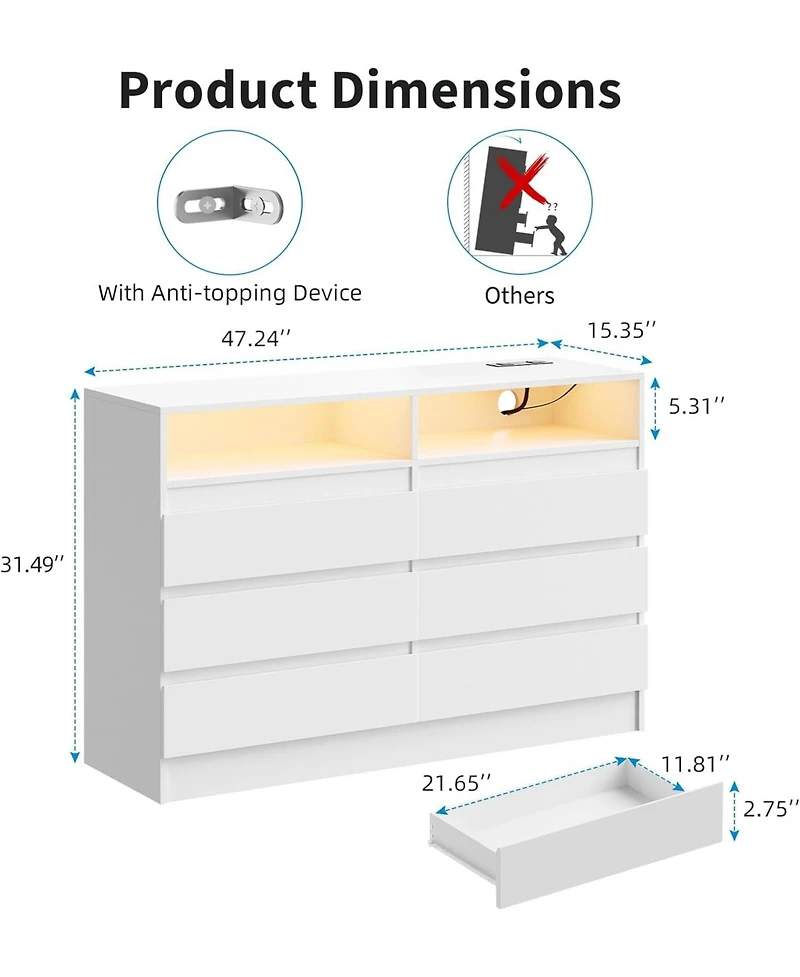 gaomon 6-Drawer Dresser with Led Lighting & Charging Station, Modern Storage Chest with Power Outlets for Bedroom, Living Room, or Entryway