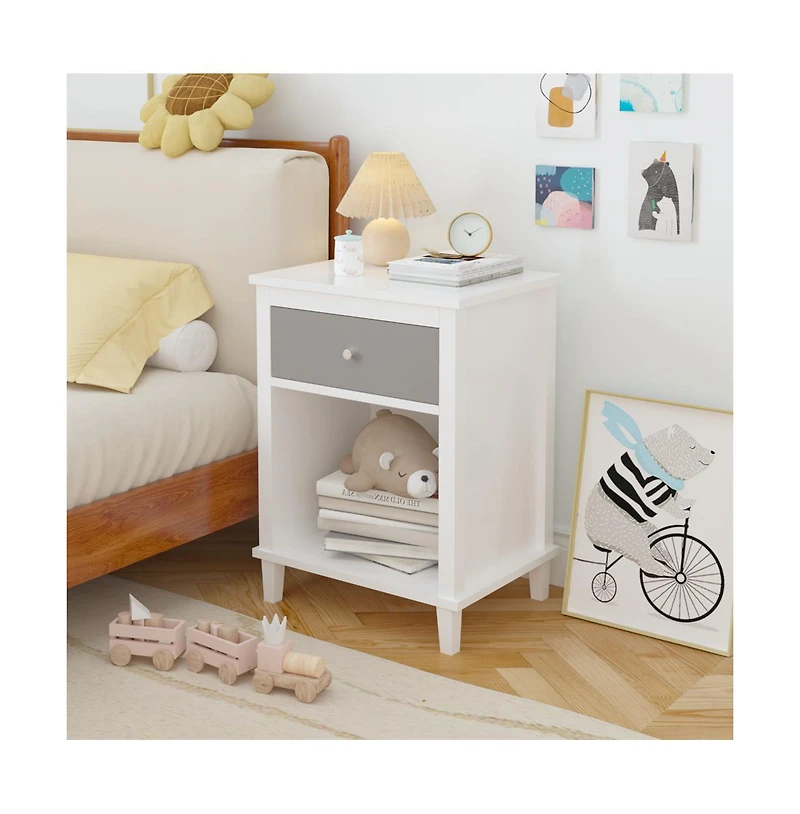 Cesicia Wooden Nightstand with Drawer and Open Shelf Silver Handle for Kids & Adults