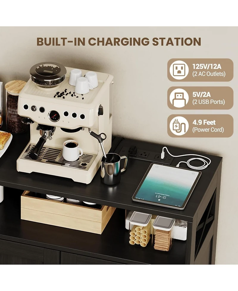 Gaomon 47.2" Buffet Cabinet with Power Outlet, 3 Drawers & 2 Barn Doors, Modern Farmhouse Sideboard Storage forLiving Room, Coffee Bar, Black