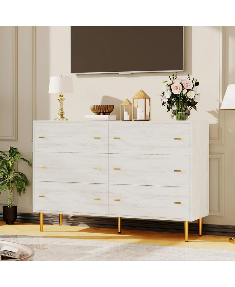 Gaomon 6 Drawers Dresser for Bedroom,47.2" Wide Wood Rustic Chest of Drawers with Bar Handles,Vintage Design,Storage Dressers