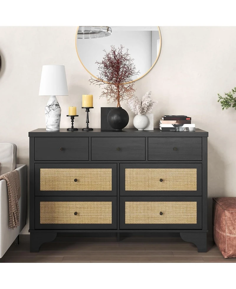 gaomon 47.3" Wide 7-Drawer Bedroom Dresser, Modern Wood Chest with Natural Rattan Drawers for Living Room, Hallway, or Entryway