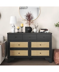 gaomon 47.3" Wide 7-Drawer Bedroom Dresser, Modern Wood Chest with Natural Rattan Drawers for Living Room, Hallway, or Entryway
