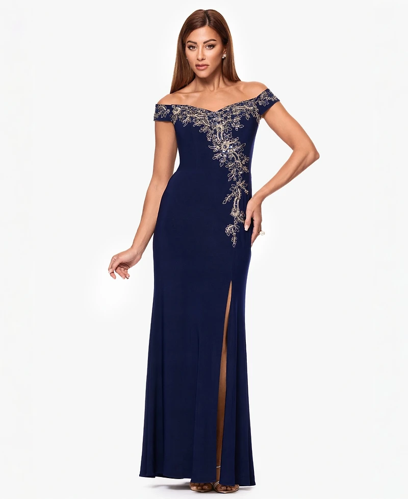 Xscape Women's Off-The-Shoulder Side Slit Ball Gown