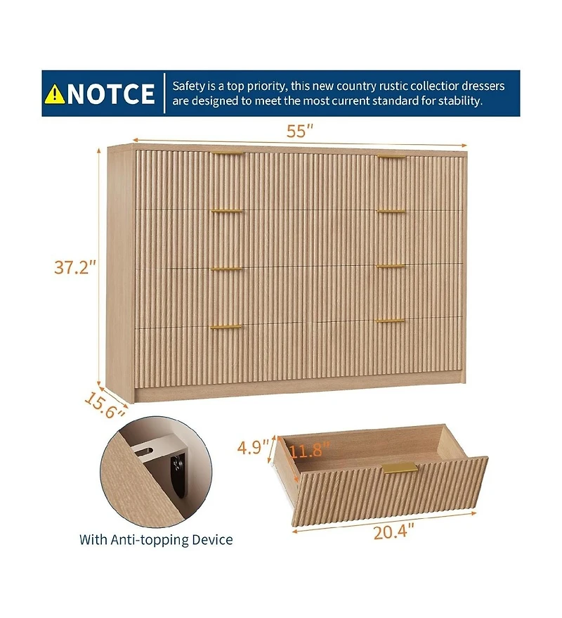 gaomon 8 Drawer Fluted Dresser for Bedroom, 55" Wide Modern Chest of Drawers with Metal Handle, Wood Tv Stand, Large
