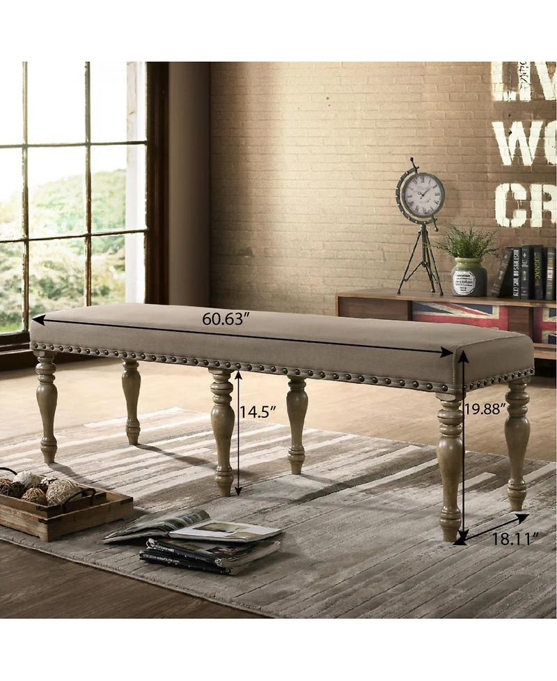 Simplie Fun Microfiber Upholstered Bench with Nail Head Trim in Driftwood Finish