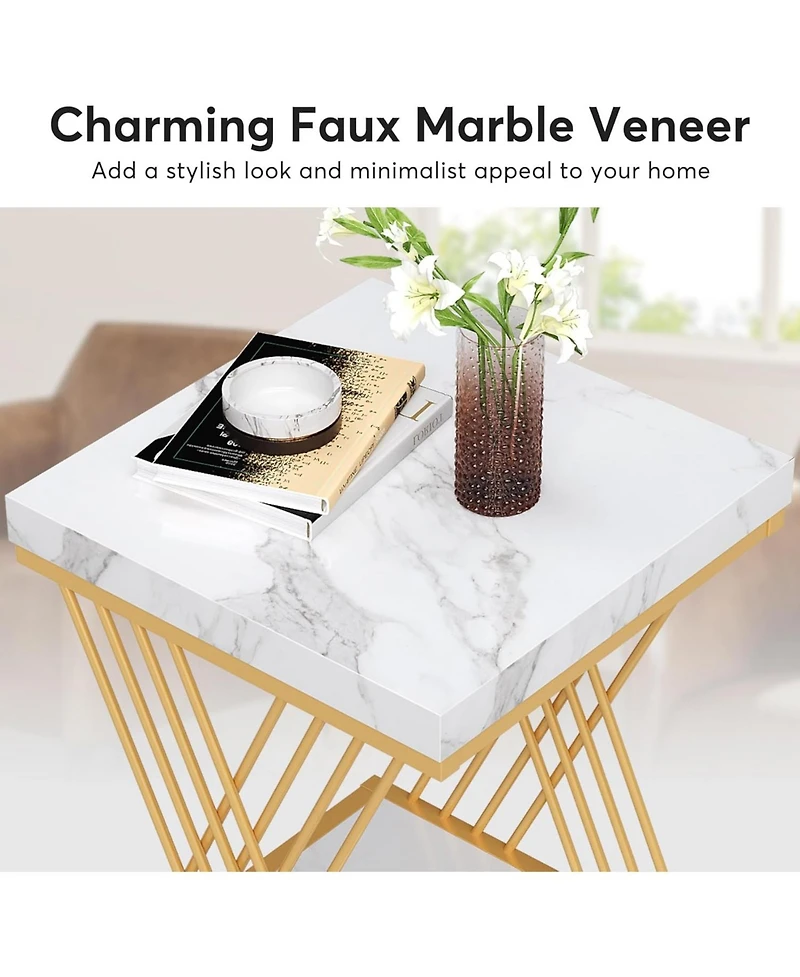 Tribesigns Square End Table White Gold 2-Tier Side Table (2, Faux Marble White+Gold)