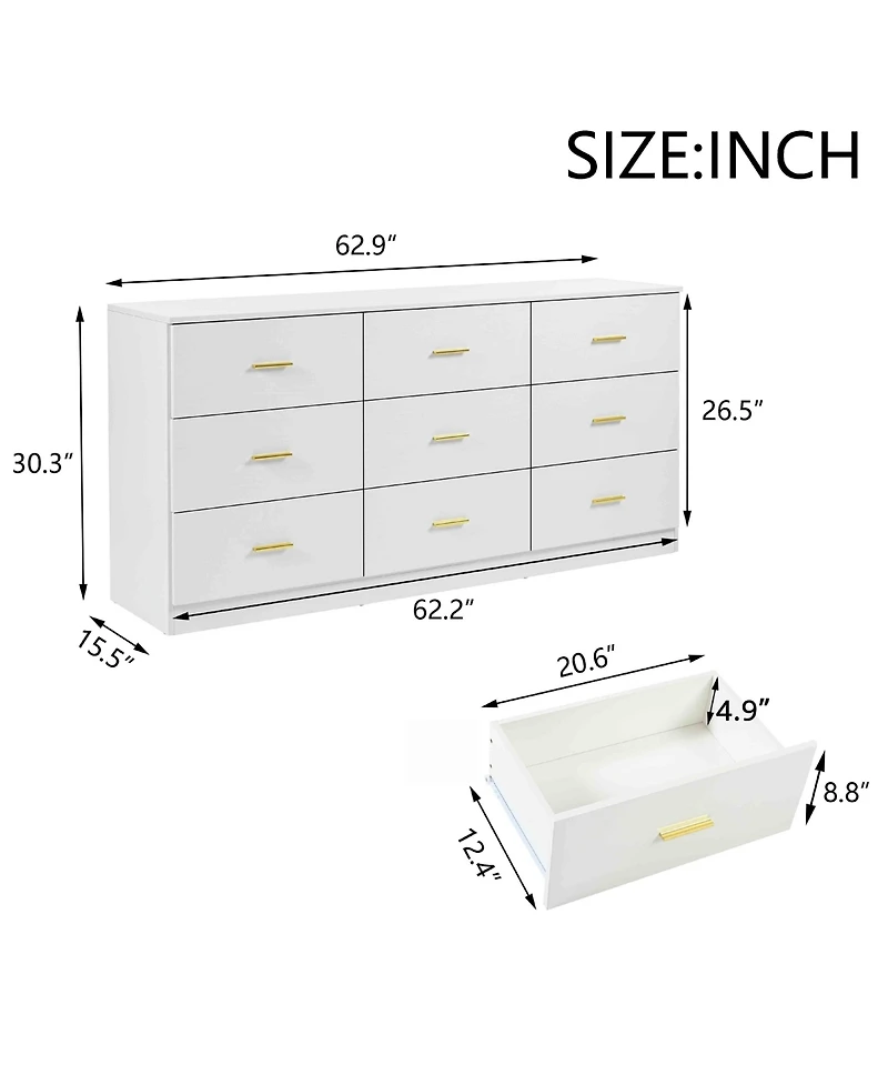 Lovmor Modern 9 Drawer Dresser Golden Handles Waterproof Bedroom Closet Storage Sturdy
