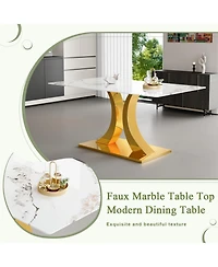 Streamdale Furniture Marble-Veined Glass Dining Set w/ Gold Accents: 63" Table & 4 U-Chairs