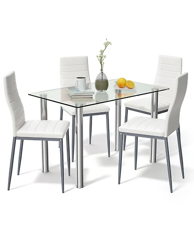 Costway 5 Piece Dining Set Table 29.6'' and 4 Chairs Glass Metal Kitchen Breakfast Furniture