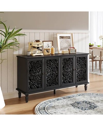 Streamdale Furniture 60" Antique Black Buffet Cabinet - Floral Carvings, Solid Wood Legs