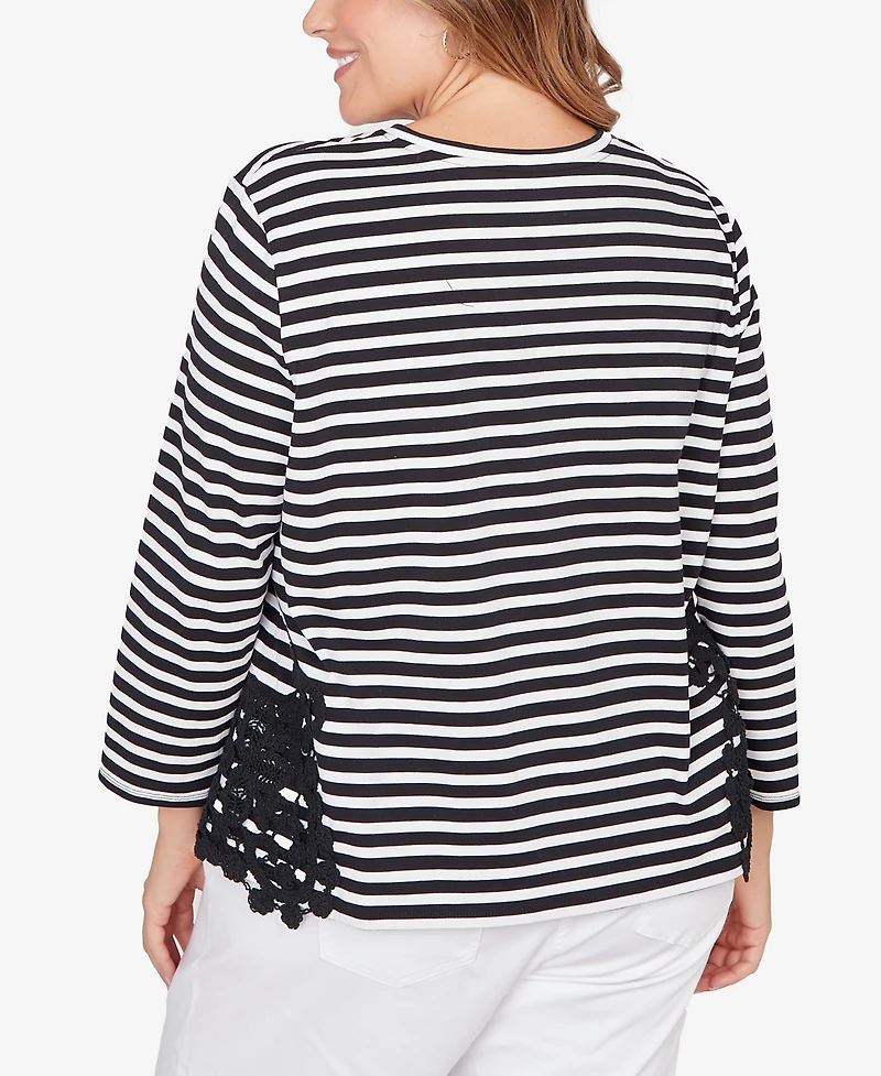 Ruby Rd. Plus Crew Neck Stripe Cotton Lace Applique Top