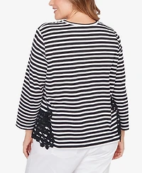 Ruby Rd. Plus Crew Neck Stripe Cotton Lace Applique Top