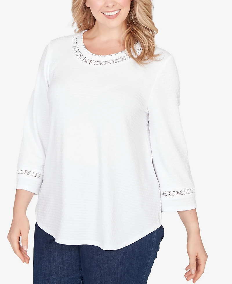 Ruby Rd. Plus Size Solid Clip Dot Lace Trim Knit Top