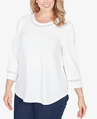 Ruby Rd. Plus Size Solid Clip Dot Lace Trim Knit Top