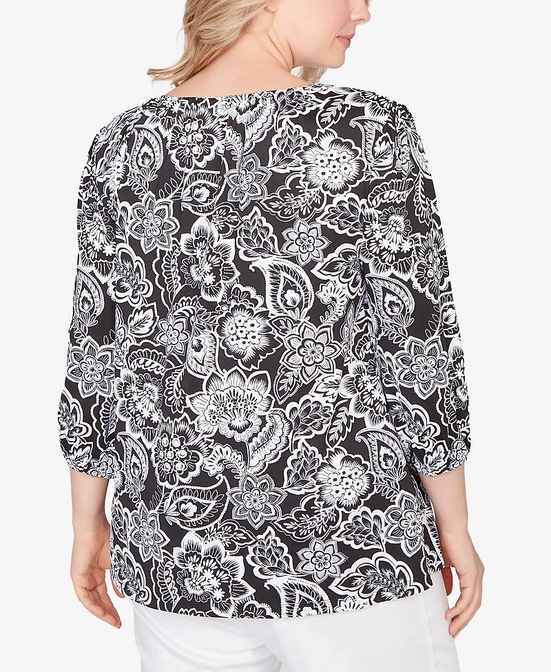 Ruby Rd. Plus 3/4 sleeves Dotted Floral Puff Print Knit Top
