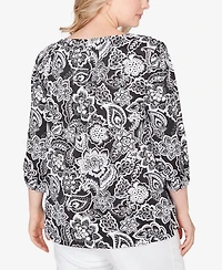 Ruby Rd. Plus 3/4 sleeves Dotted Floral Puff Print Knit Top