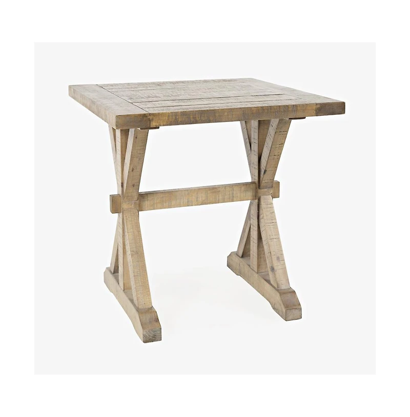 Jofran Carlyle Crossing Modern Rustic Distressed Solid Wood End Table with Trestle
