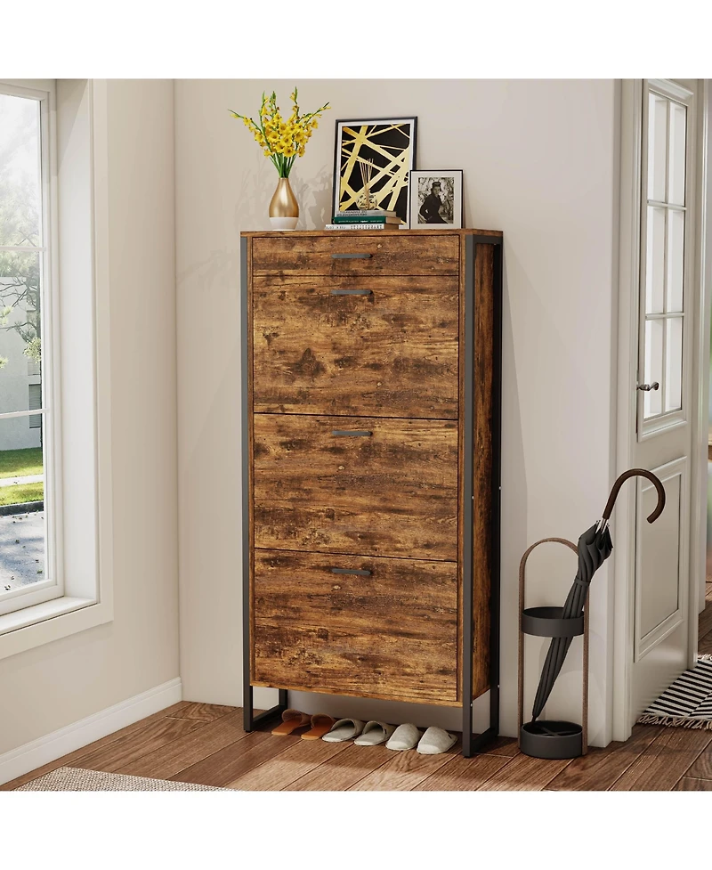 Lovmor Flip Top Shoe Cabinet Drawer Storage 12-15 Pairs White Rustic Brown Entryway