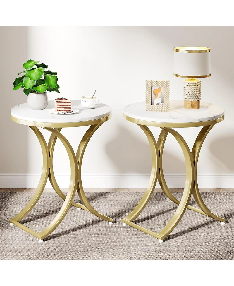 Tribesigns 2PCS Round Side Table Faux Marble Top Gold Metal Legs