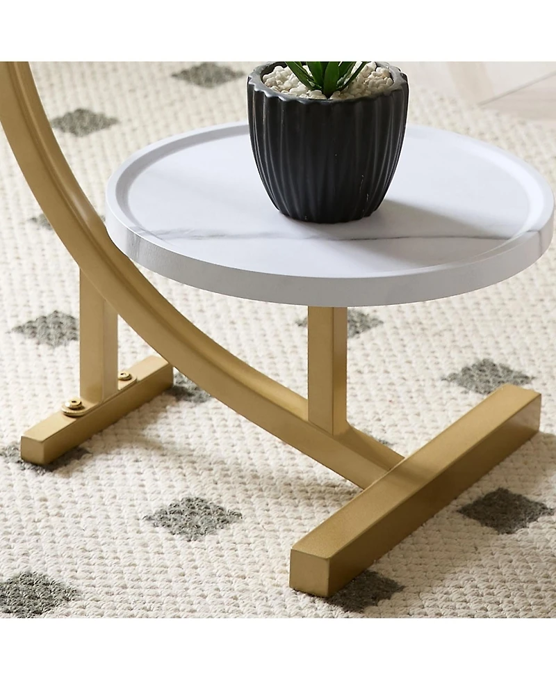 Kings Brand Furniture Rouge C-Shaped Side Table – Faux Marble Top & Gold Metal Frame Modern Accent Table, Sofa