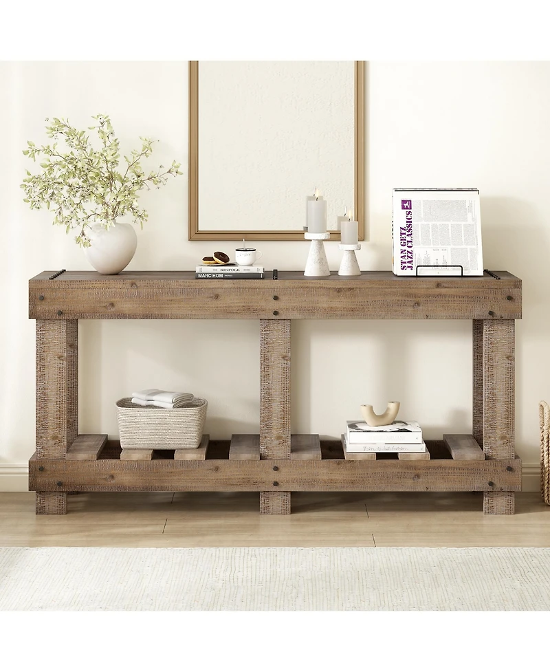 Lovmor 62.9" Vintage Entryway Table , 6 Reinforced Legs & 4.5" Thick Desktop, Metal Rivet Decor & Plank Under-Shelf, Console Table