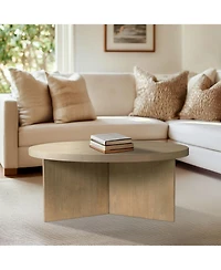 Lovmor Round Coffee Table with Starburst Veneer Top, Reclaimed Greige Wood Finish, Modern Living Room Design