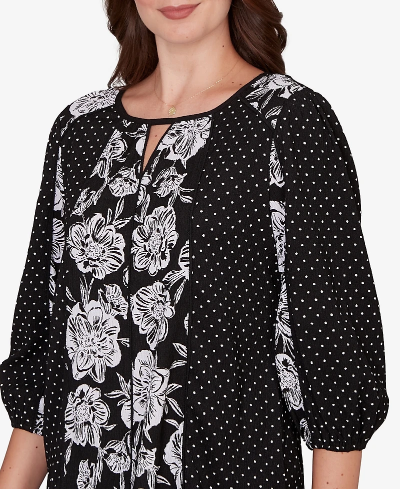 Ruby Rd. Petite Floral Panel Crinkle Knit Peasant Top