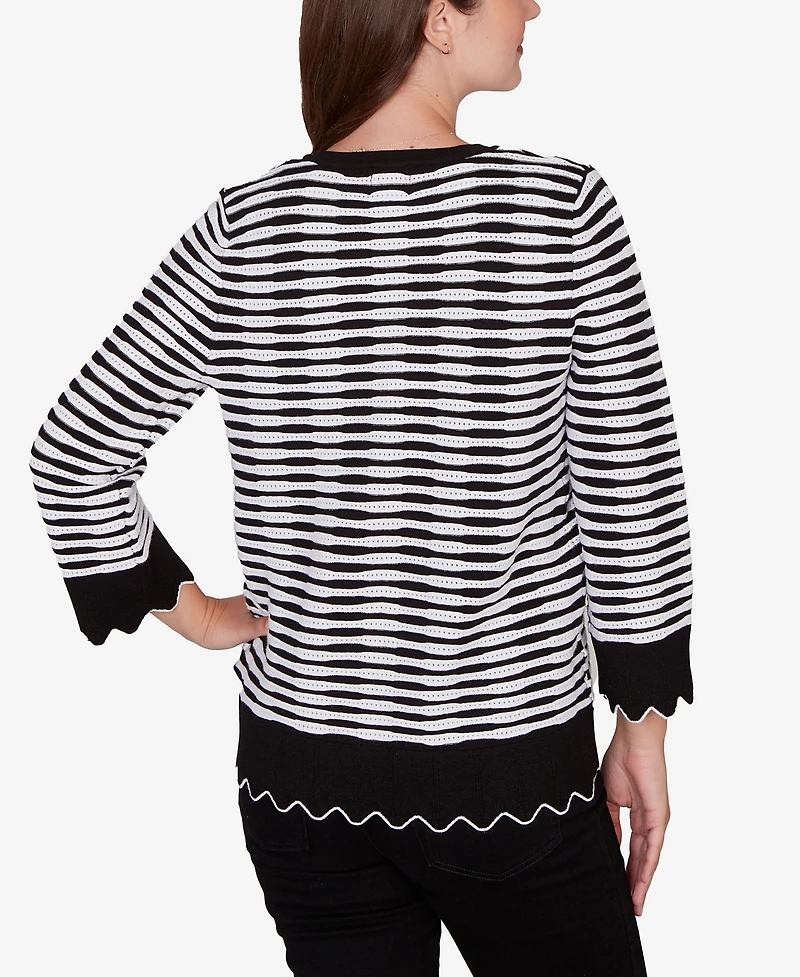 Ruby Rd. Petite Scallop Trim Striped Button Cardigan Sweater