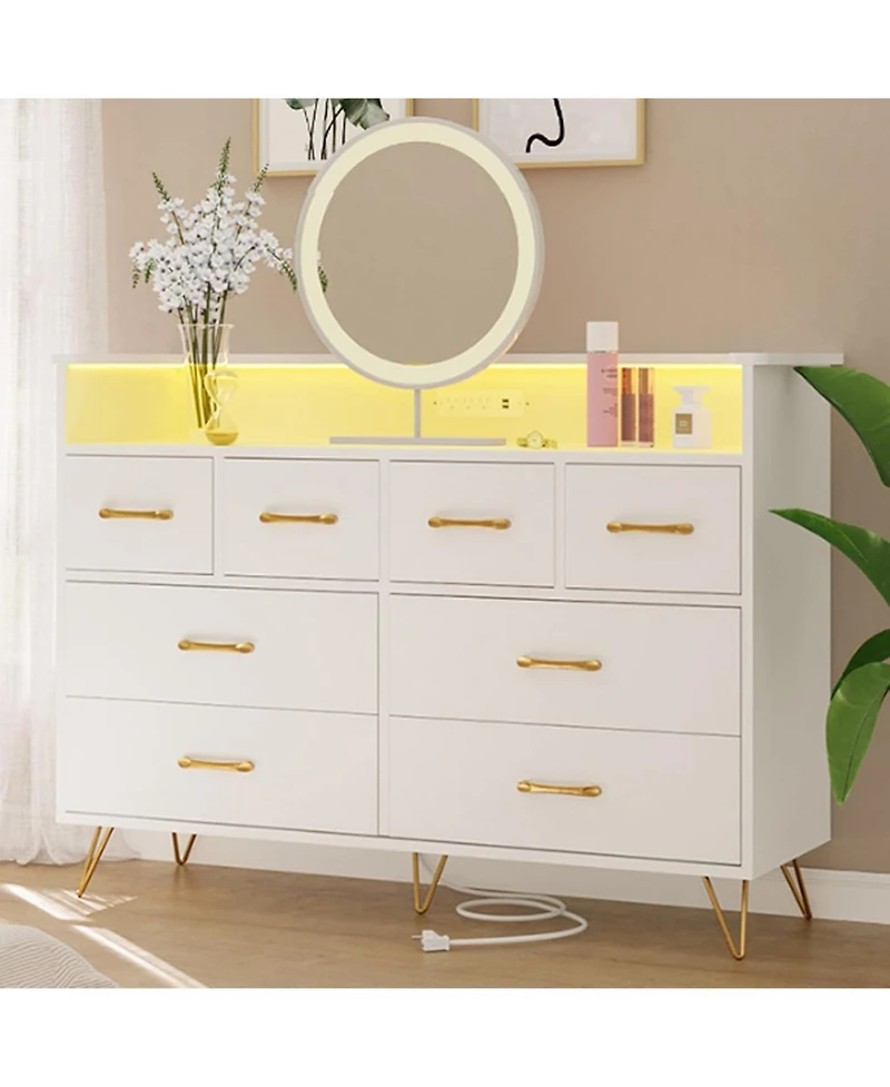 Gaomon 8 Drawer Dresser with Led Light and Charging Station Modern Wooden Chest of Drawers with Open Shelf for Bedroom Living Room